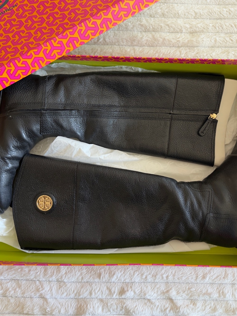 Tory Burch Black Pebbled Leather Knee-High Boots with Gold Logo 🏇🏇🏇